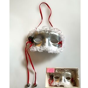 Vintage Kurt Adler Silver Lace Trim Masquerade Mask Holiday Christmas Ornament